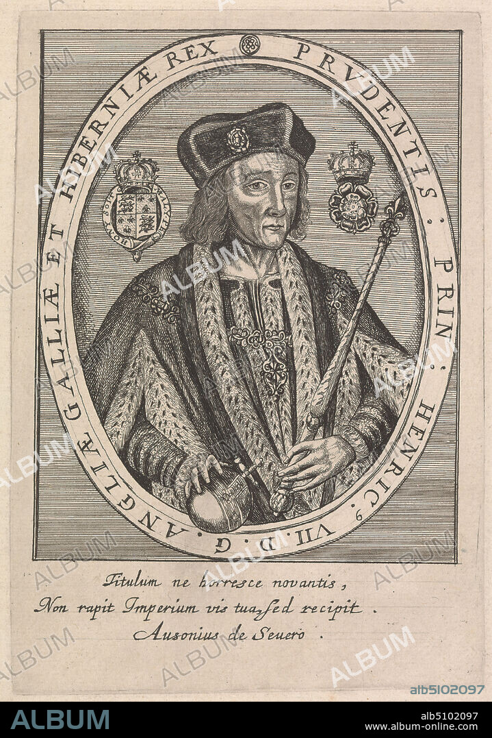 Henry VII, William Marshall, fl. 16171649, after Renold Elstrack, 15701625(?), British, after 1618, Line engraving on medium, slightly textured, cream laid paper, Sheet: 8 7/8 x 5 7/8 inches (22.5 x 14.9 cm), Plate: 6 3/4 x 4 11/16 inches (17.2 x 11.9 cm), and Image: 5 1/4 x 4 3/16 inches (13.3 x 10.7 cm), cap, cartouche, coat of arms, costume, crest, ermine, flower (plant), fur, illustration, jewels, king (person), livery collar, man, orb, oval, portrait, robe, royalty, scepter.