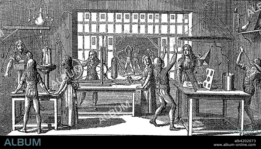 Demonstration of physical experiments to explain the lightning strike, Vorfuehrung phsikalischer Experimente zur Erklaerung des Blitzschlages, 1799, digital improved reproduction of a woodcut, published in the 19th century.