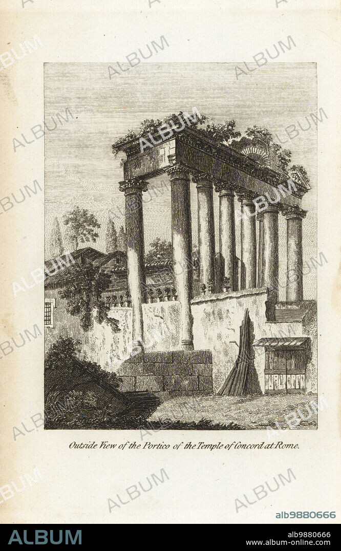 Outside view of the portico of the Temple of Concord, Rome. Ruins of the 4th century BC platform. The Aedes Concordiae were a series of temples dedicated to the Roman goddess Concordia. Copperplate engraving from Francis Fitzgeralds The Artists Repository and Drawing Magazine, Charles Taylor, London, 1785.