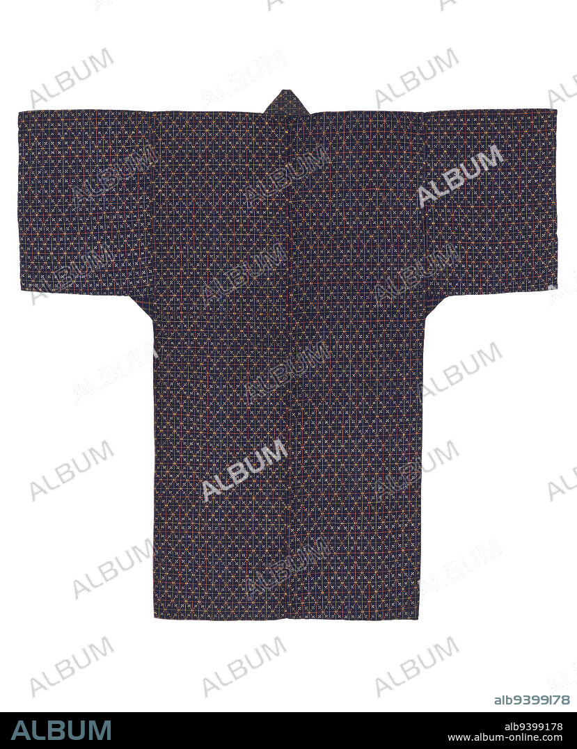 Dark blue-ground lined winter robe (watajin) with dog pawprint pattern and yellow-ground lining with ivy, chrysanthemum, and bamboo grass pattern, second half 19th century, Unknown Ryukyuan, 52 1/2 × 52 in. (133.35 × 132.08 cm) (overall), Cloth: cotton; exterior: floating relief weft (Yomitanzan hanaori), lining: bingata (stencil resist with applied pigments), Japan, 19th century.