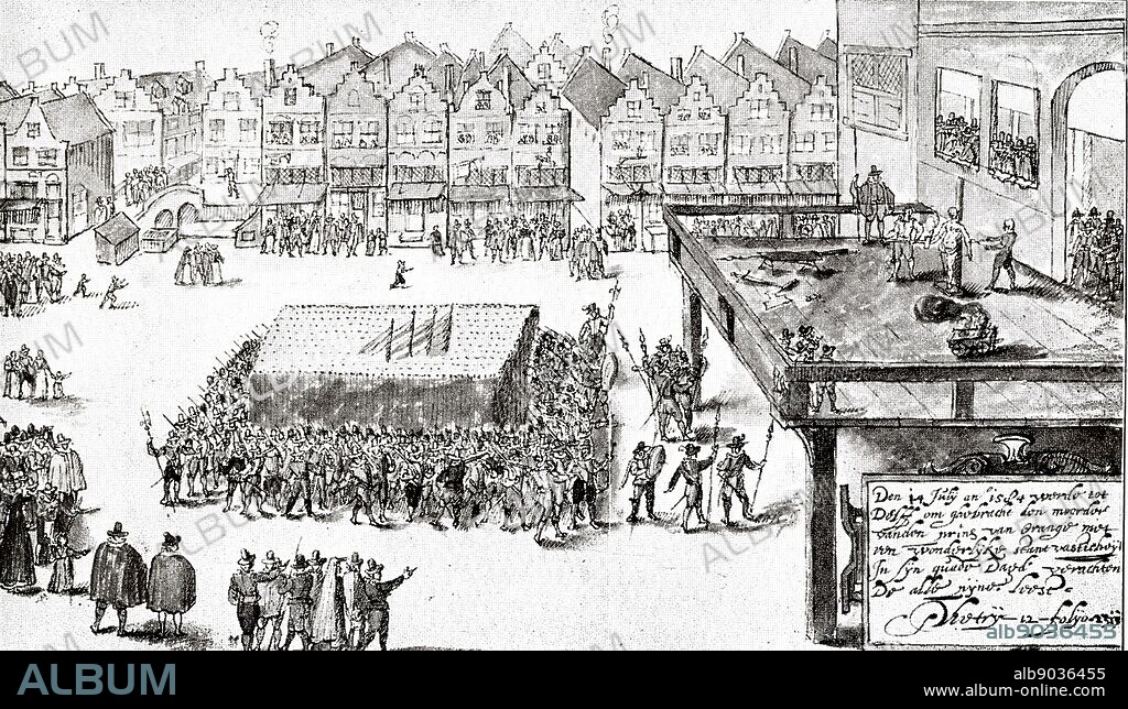 July 14, 1584. Execution by of Balthasar Gerards, in the Groote Market in Delft, who four days before shot Prince William I (of Orange) in Prinsenhof.  Balthasar Gérard (in Dutch, Gerards or Gerardts) (born c. 1557 in Vuillafans - died July 14, 1584 in Delft) was the assassin of the Dutch independence leader, William I of Orange, also known as William the Silent.