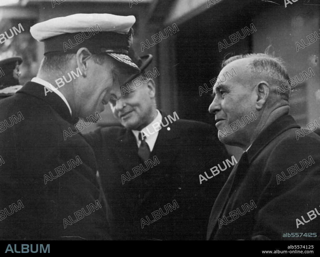 Premier Greets Lord Louis Mountbatten - Admiral Lord Louis Mountbatten, who arrived in Melbourne today, being welcomed at Laverton by the Premier (Mr. Cain). March 27, 1946.