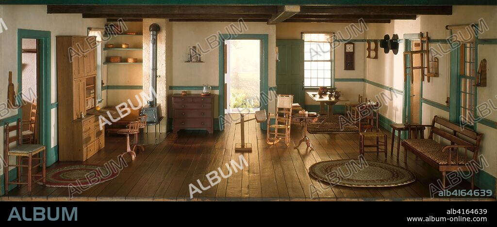 Dollhouse, Shaker Living Room, c. 1800 with stove and furniture. Interior: 9 × 21 3/4 × 24 5/8 in.