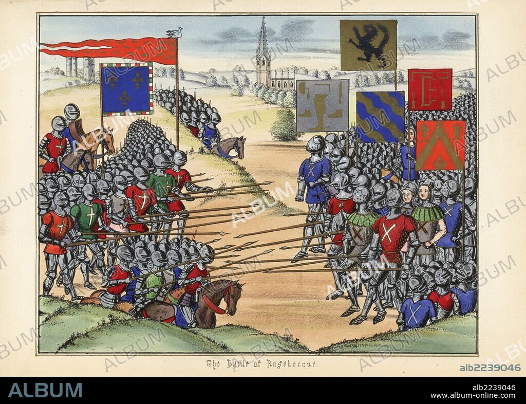 The battle of Rosebecque (Roosebeke) 1382 between the royal army of King Charles VI of France and Flemish militiamen commanded by Philip Van Artevelde. Handcoloured lithograph after an illuminated manuscript from Sir John Froissart's "Chronicles of England, France, Spain and the Adjoining Countries, from the Latter Part of the Reign of Edward II to the Coronation of Henry IV," George Routledge, London, 1868.
