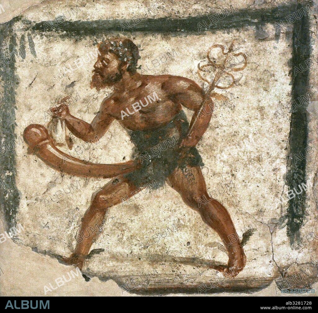 Roman fresco. Priapus with permanent erection depicted with the attributes of Mercury. From Pompeii. 1st century AD. National Archaeological Museum, Naples. Italy.