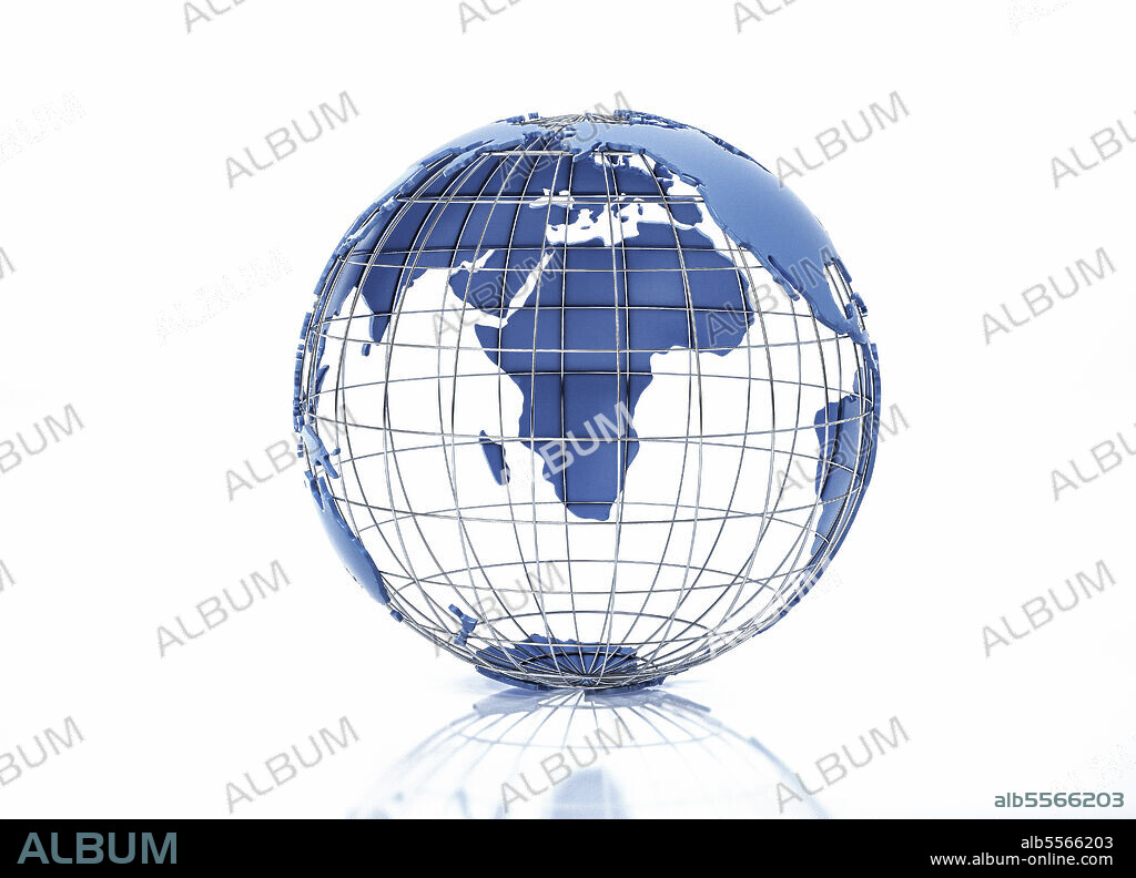 3D stylized Earth globe with metal grid, Pacific Ocean view with some reflection on the surface.