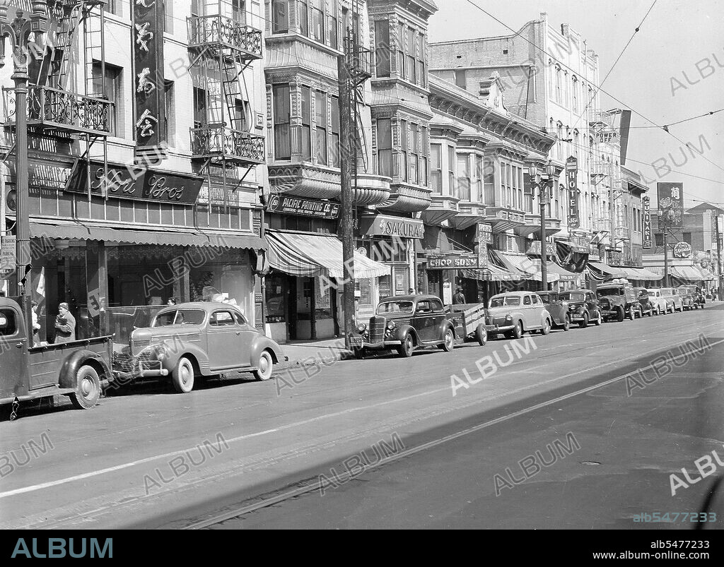 Los Angeles, California. Street scene in 'Little Tokyo' near the Los Angeles Civic Center, prior to evacuation of residents of Japanese ancestry 4/11/1942.