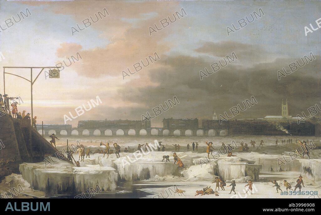 'The Frozen Thames', 1677. The River Thames viewed, probably, from Old Swan Stairs looking east with old London Bridge in the middle distance, with the tower of St Olave's Tooley Street just visible, and Southwark Cathedral on the right. People amuse themselves on the ice; some shoot and others skate. The Thames no longer freezes because the arches of the modern bridge don't impede the flow of water.