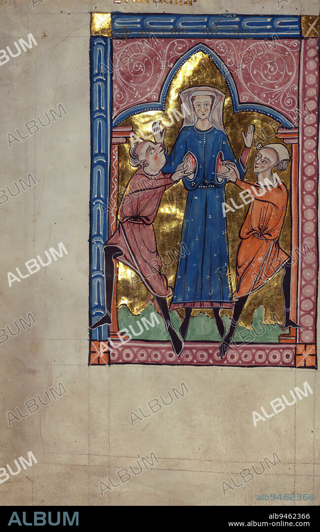 Carrow Psalter, Martyrdom of St. Agatha (meant to be Cecilia), This English manuscript was made in East Anglia in the mid-thirteenth-century for a patron with special veneration for St. Olaf, whose life and martyrdom is prominently portrayed in the 'Beatus' initial of Psalm 1. Known as the 'Carrow Psalter,' due to its later use by the nunnery of Carrow near Norwich, it is more accurately described as a Psalter-hours, as it contains the Office of the Dead, the Hours of the Virgin, and Collects. The manuscript is striking for its rich variety of illuminations, including full-page cycles of saints, martyrs, and Biblical scenes, as well as historiated initials within the Psalter, and heraldry added in the fifteenth-century to undecorated initials in the Hours of the Virgin. Especially notable is the miniature portraying the martyrdom of St. Thomas Becket, for after Henry VIII found him guilty of treason in 1538, his image was concealed by gluing a page over it, rather than destroying it, and it has since been rediscovered.
