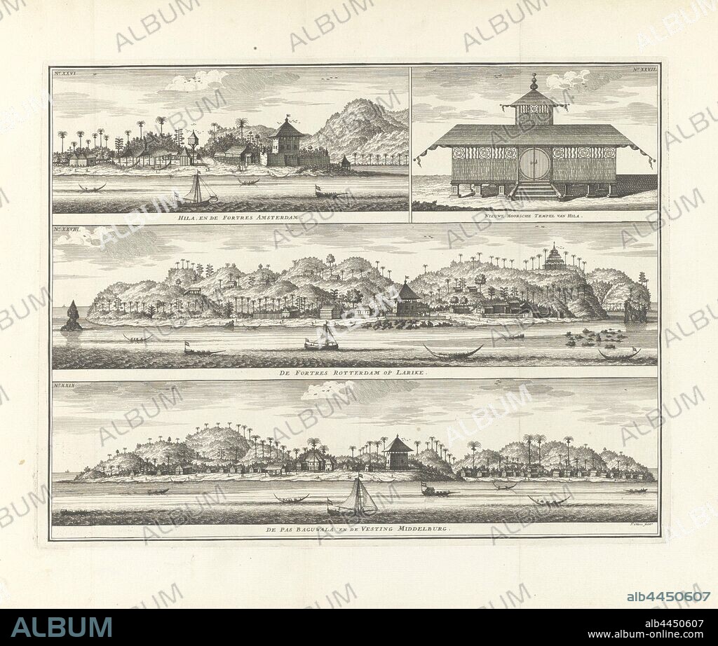 Three fortresses on Ambon Hila, and Fortres Amsterdam / New Moorish Temple of Hila / De Fortres Rotterdam on Larike / De Pas Baguwala and the Fortress Middelburg (title on object), Sheet with three coastal views fortresses of the VOC and an image of a temple on the island of Ambon. The images are numbered from XXVI to XXIX. These are: Fort Amsterdam and a temple in Hila on Ambon, Fort Rotterdam in Larike on Ambon and the Middelburg Fortress. Illustration from: Description of Amboina (1724), island, Ambon, Fort Amsterdam, Fort Rotterdam, Fort Middelburg, Dutch East India Company, Frederik Ottens (mentioned on object), Netherlands, 1722 - 1724, paper, etching, h 304 mm × w 390 mm.