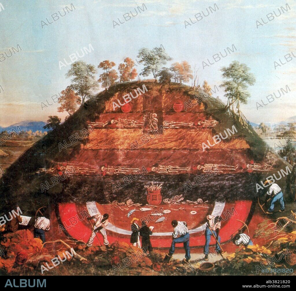 Mound building was a central feature of the public architecture of many Native American and Mesoamerican cultures from Chile to Minnesota. Thousands of mounds in America have been destroyed as a result of farming, pot-hunting, amateur and professional archaeology, road-building and construction. Surviving mounds are still found in river valleys, especially along the Mississippi, Tennessee and Ohio Rivers, and as far west as Spiro Mounds in Oklahoma. Mounds were used for burial, to support residential and religious structures, to represent a shared cosmology, and to unite and demarcate community. Common forms include conical mounds, ridge-top mounds, platform mounds, and animal effigy mounds, but there are many variations. Mound building in America is believed to date back to at least 3400 BC in the Southeast. The Adena and the Mississippian cultures are principally known for their mounds, as is the Hopewell tradition. Illustration originally captioned: Cutaway version of an Indian mound is one of the few surviving panels from the "Panaroma of the Mississippi Valley" commissioned by Doctor Montroville Wilson Dickeson. Painted by J.J. Egan in 1950, based on Dickeson's sketches who appears as the artist in the bottom of the far left corner.