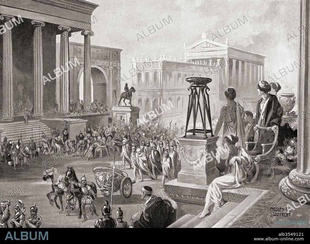 1,000 Achaean nobles transported to Rome as hostages in 167 BC accused of having a secret understanding with Perseus of Macedonia, enemy of the Romans. From Hutchinson's History of the Nations, published 1915.