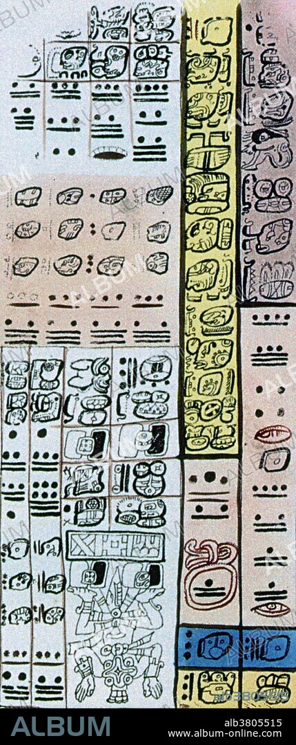 Maya numerals are a vigesimal (base-twenty) numeral system used by the Pre-Columbian (before the appearance of significant European influences on the American continents) Maya civilization. The numerals are made up of three symbols; zero (shell shape), one (a dot) and five (a bar). The Mayans used a zero in their mathematical system well before the West received the concept from India. The Dresden Codex is a pre-Columbian Maya book of the eleventh or twelfth century. This Maya codex is believed to be a copy of an original text of some three or four hundred years earlier. It is the oldest book written in the Americas known to historians. The Dresden Codex is considered the most complete of the three indisputably authentic Maya codices. It is speculated that it was sent by HernÃ¡n CortÃ©s as a tribute to King Charles I of Spain in 1519. The codex has been in Europe ever since.