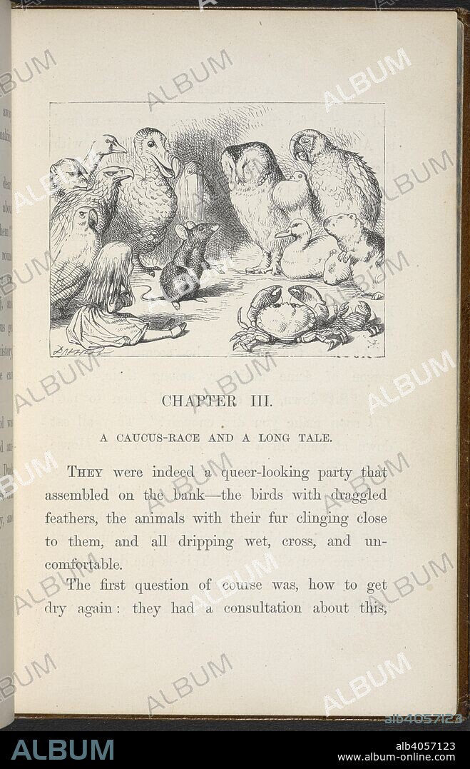 Illustration for the chapter, 'a caucus-race and a long-tail.' Alice and various creatures, suchh as a crab, owl, parrot, duck and mouse.  . Alice's Adventures in Wonderland. With forty-two illustrations by John Tenniel. London : Macmillan & Co., 1866 [1865]. Source: C.59.g.11, page 29.