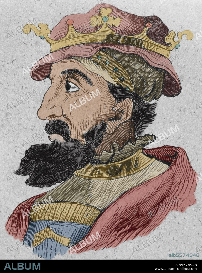 Ordoño I (821-866). King of Asturias from 850 to 866. Astur-Leonese Dynasty. Portrait. Engraving. Later colouration. Las Glorias Nacionales. Volume II, Madrid-Barcelona edition, 1853.