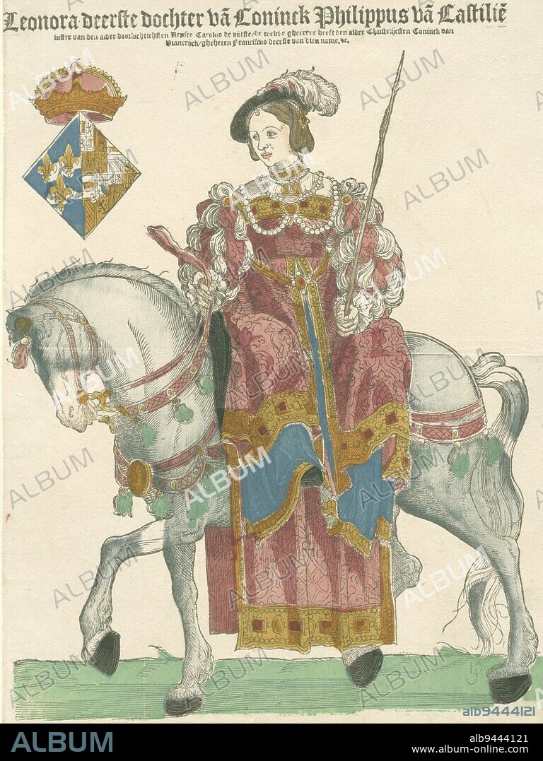 Portrait of Eleanor of France on horseback, Cornelis Anthonisz. (manner of), 1539 - 1544, Eleonora of France (1498-1558) in amazon seat. Diamond-shaped alliance coat of arms France/Habsburg upper left. Eleonora was the eldest of Charles V's four sisters, first married to Manuel the Great of Portugal, who died in 1521; in 1530 married off to Francis I, the emperor's archenemy. After the death of the French king, she left the French court and emigrated to Brussels., print maker: Cornelis Anthonisz., (manner of), print maker: Hans Liefrinck (I), Hans Liefrinck (I), (possibly), Low Countries, publisher: Antwerp, 1539 - 1544, paper, h 406 mm × w 300 mm.