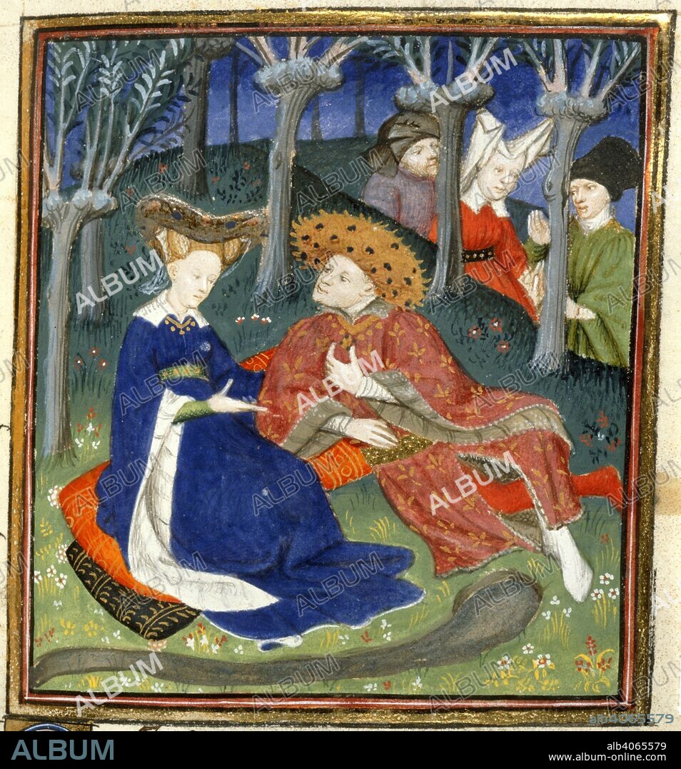 CHRISTINE DE PISAN y MASTER OF THE CITÃ© DES DAMES. Duke and ladies in a garden. Collected Works of Christine de Pisan. France (Paris); 1410-1411. (Miniature) The duke and companions entertaining ladies in a garden. From Le Duc des vrais amants.  Image taken from Collected Works of Christine de Pisan.  Originally published/produced in France (Paris); 1410-1411. . Source: Harley 4431, f.145. Language: French.