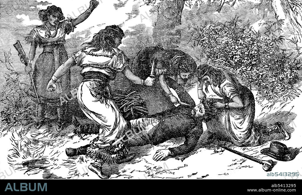 Scalping is the act of removing another person's scalp or a portion of their scalp, either from a dead body or from a living person. The initial purpose of scalping was to provide a trophy of battle or portable proof of a combatant's prowess in war. Eventually, the act became motivated primarily for financial reasons as people were paid bounties for enemy Native American scalps. Story of the Wild West by Buffalo Bill, 1888 (cropped and cleaned). NOTE: chances are this illustration is inaccurate, as no information is available about Native American Indian women partaking in the practice of scalping.