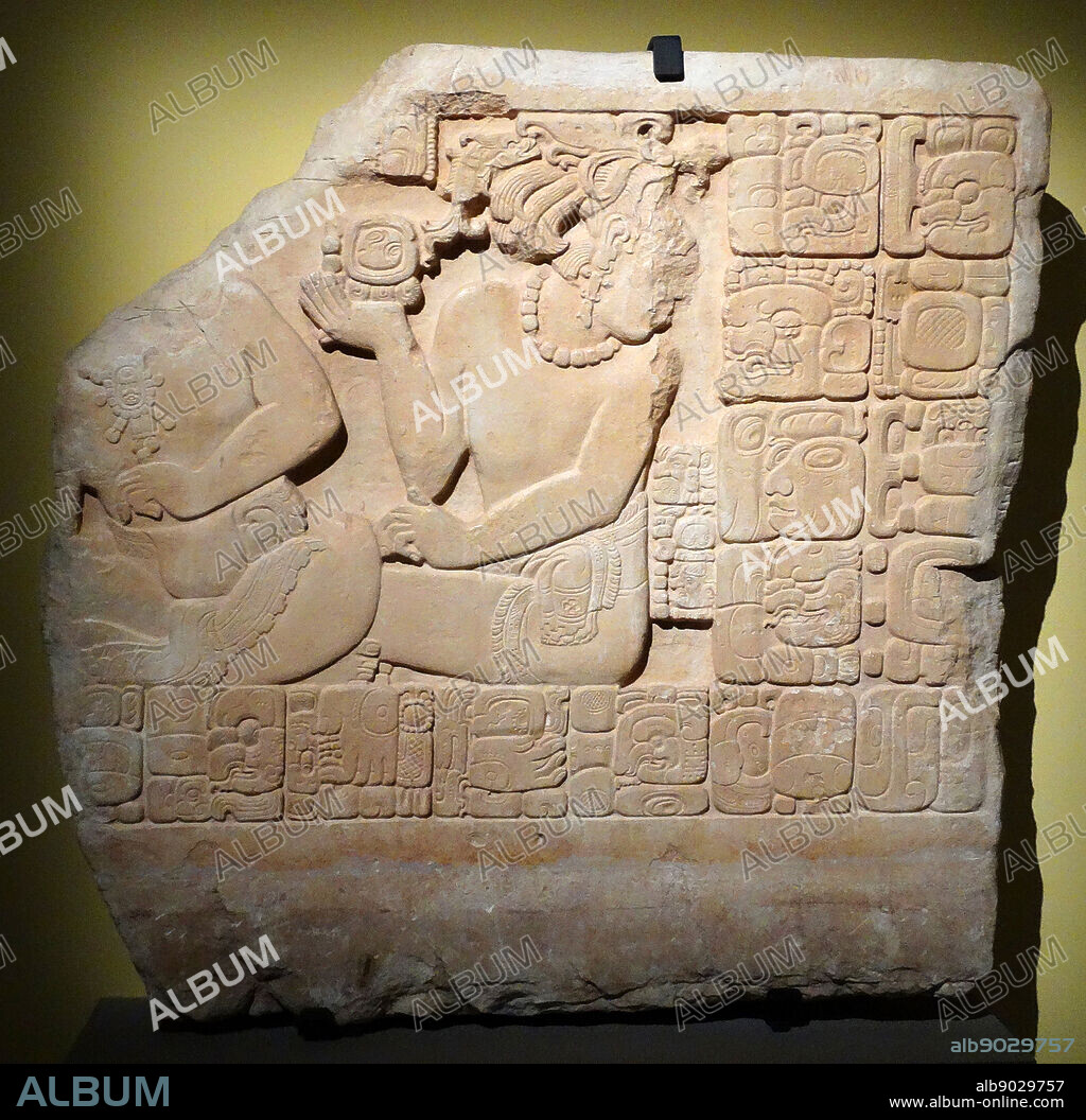 Panel 1 from Pomona. To the left is the partial depiction of Muyaal Hix Chaak, ruler of Pomona, a Maya site, east of Palenque. To the right a sub-ruler (sajal) and priest (ti'sak hu'n). The event occurs at the close of a 3-day ceremony to celebrate the end of k'atun, January 20, 771 AD. An offering of incense is being presented to a serpent spirit from the waters of the underworld.