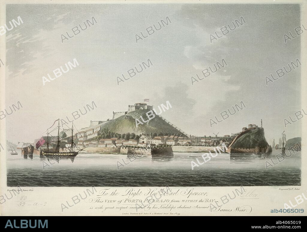 F JUKES and CAPT. JAMES WEIR. Porto Ferrajo. Four Views of Porto Ferrajo in the Island of Elba,. 1799. View of Porto Ferrajo from within the bay.  Image taken from Four Views of Porto Ferrajo in the Island of Elba, by Captain James Weir; engraved by Jukes.  Originally published/produced in 1799. . Source: Maps.K.Top.80.32.a.2,. Language: English.