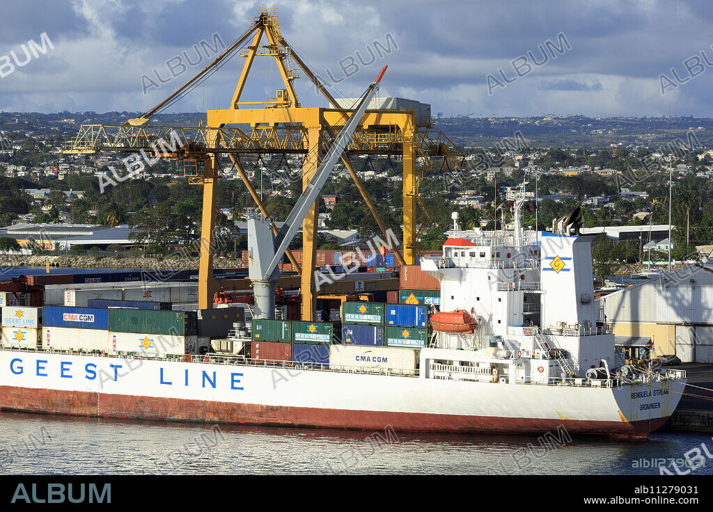 Container ship in Deep Water Harbour, Bridgetown, Barbados, West Indies, Caribbean, Central America.