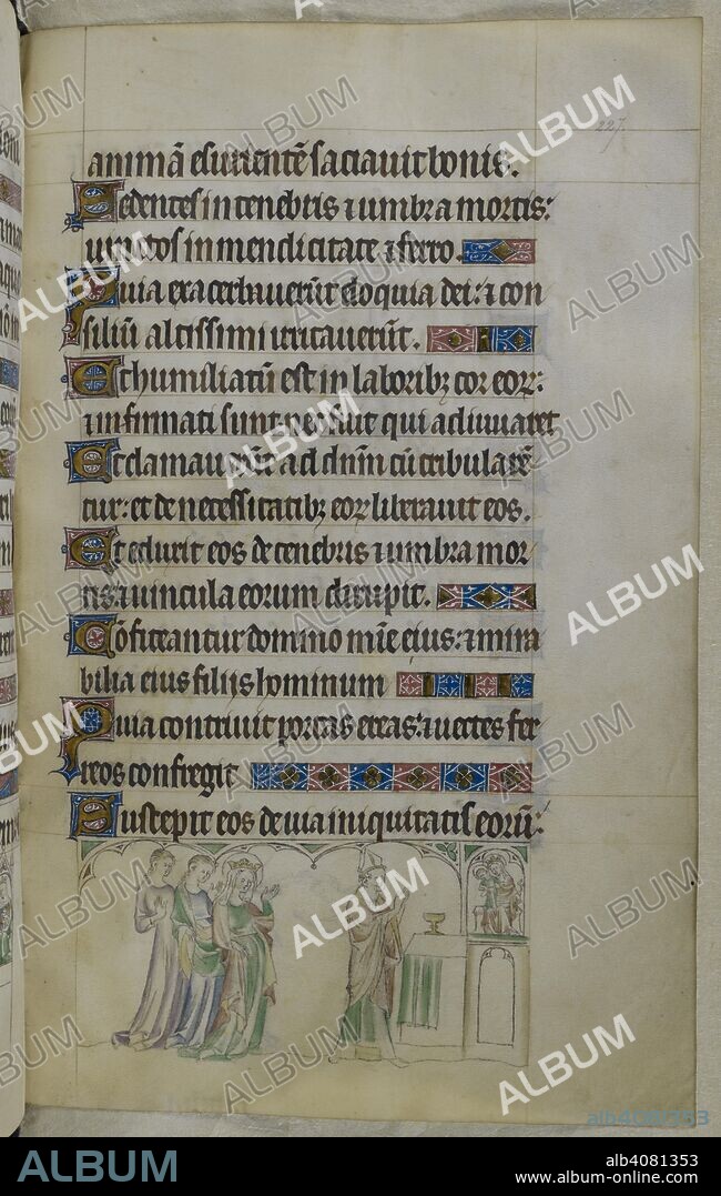 Bas-de-page scene of the devoted St. Bon, bishop of Clermont, celebrating Mass one night before the Virgin assisted by two females. Psalter ('The Queen Mary Psalter'). England (London/Westminster or East Anglia?); between 1310 and 1320. Source: Royal 2 B. VII, f.227. Language: Latin, with French image captions.