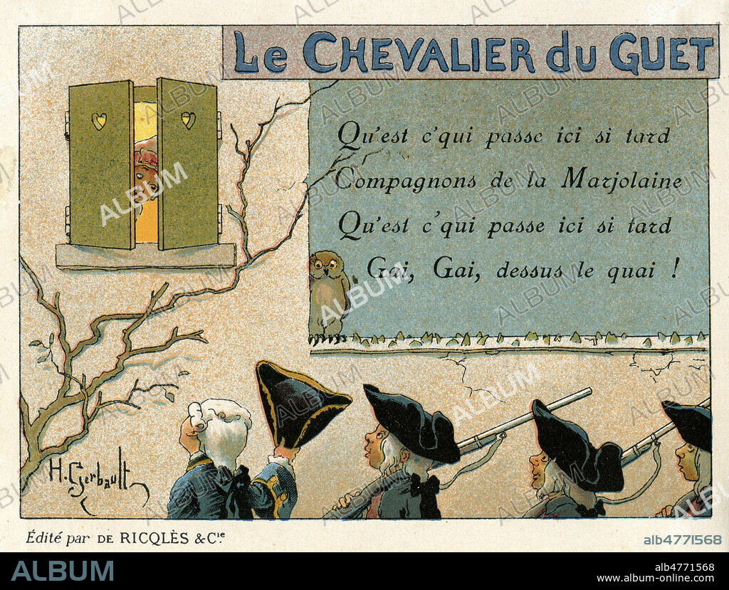 Le Chevalier du Guet ( = Compagnons de la marjolaine ) Chansons enfantine s illustrees par Henri Gerbault (1863-1930), chromos publicitaires pour la menthe Ricqules vers 1900 - 1910. Credit Grob/KHARBINE TAPABOR.