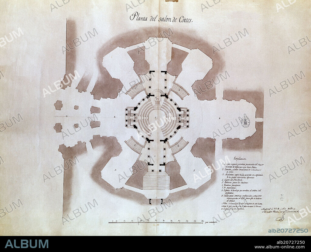 SILVESTRE PEREZ Y MARTINEZ (1767-1825). PLANO DEL PROYECTO DE SALON DE CORTES (1810-12) REALIZADO POR SILVESTRE PEREZ ARQUITECTO DE JOSE BONAPARTE.