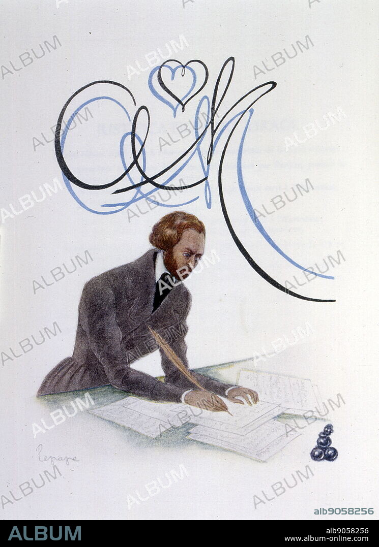 Portrait of Alfred de Musset at his writing desk with a quill; By Georges Lepape (1887-1971), French poster artist, illustrator and fashion designer.