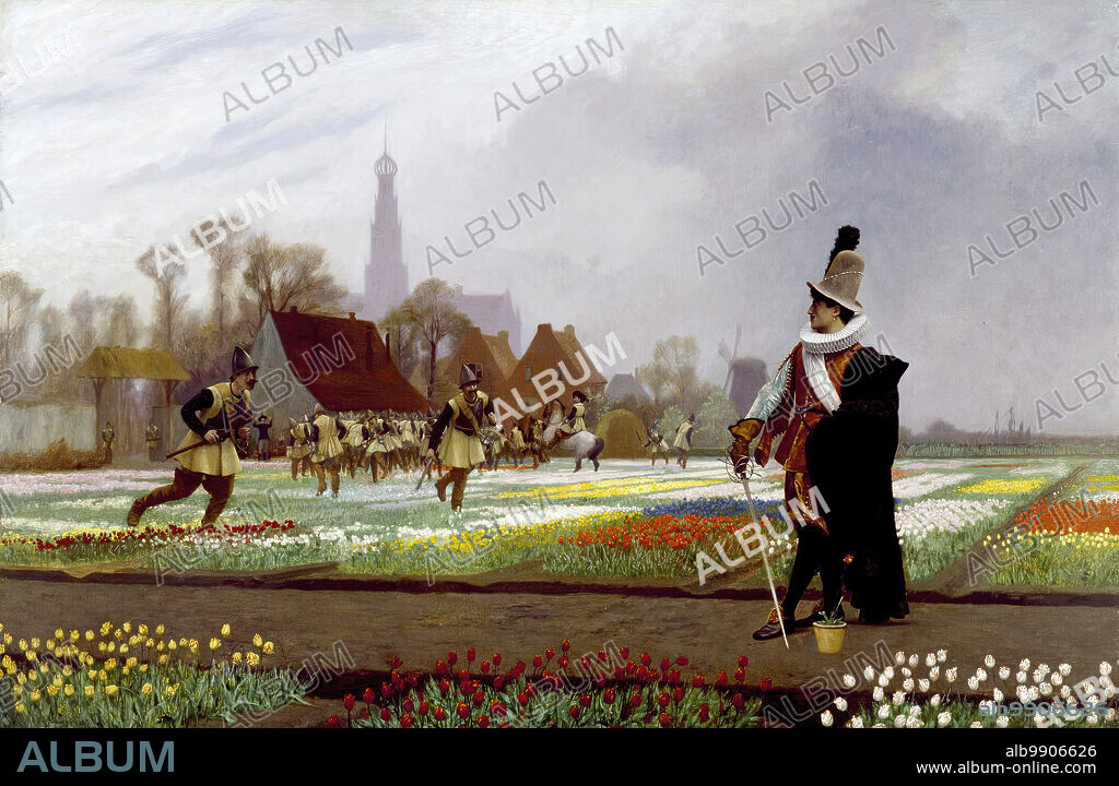 JEAN LEON GEROME. The Tulip Folly, 1882. Gérôme illustrates an incident during the "tulipomania," or the craze for tulips, that swept the Netherlands and much of Europe during the 17th century. The tulip, originally imported from Turkey in the 16th century, became an increasingly valuable commodity. By 1636/7, tulipomania peaked, and, when the market crashed, speculators were left with as little as 5 percent of their original investments. In this scene, a nobleman guards an exceptional bloom as soldiers trample flowerbeds in a vain attempt to stabilize the tulip market by limiting the supply.