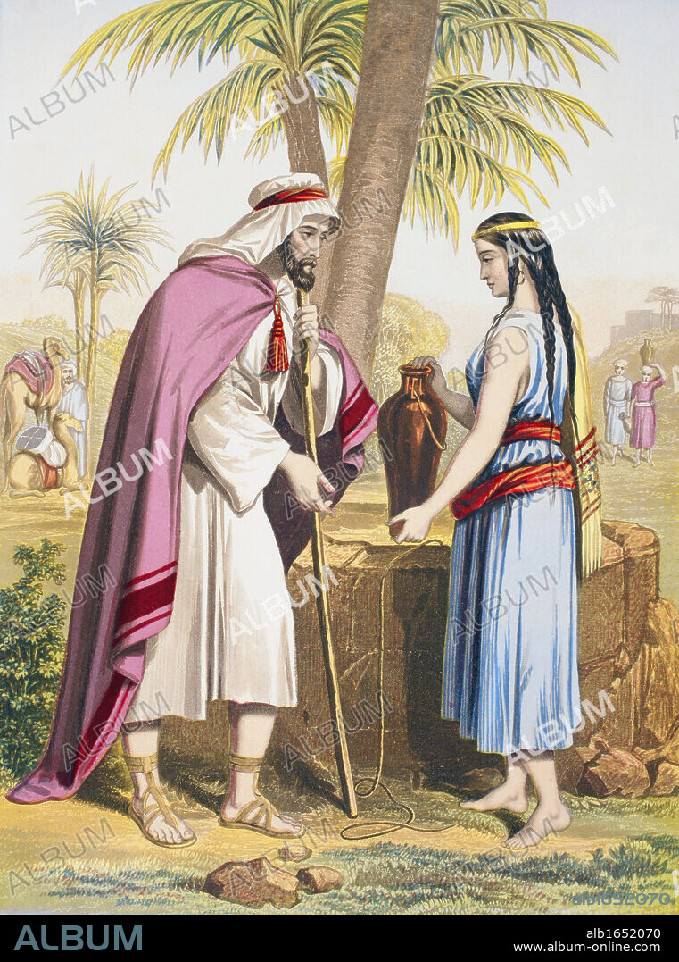 Abraham's servant Eliezer and Rebekah at the well. From The Holy Bible published by William Collins, Sons, & Company in 1869. Chromolithograph by J.M. Kronheim & Co.