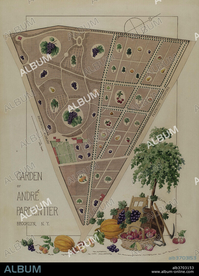 HELEN MILLER AND WILLIAM MERKLIN. Andre Parmentier Garden. Dated: c. 1936. Dimensions: overall: 50.8 x 38.1 cm (20 x 15 in.). Medium: watercolor, graphite, and colored pencil on paperboard.