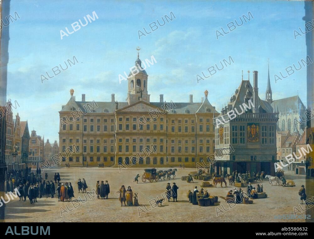 GERRIT ADRIAENSZ BERCKHEYDE. Amsterdam, Town Hall, (built 1648 by Jacob van Campen). "View of the Dam at Amsterdam". (Dam plance with town hall). Painting, c. 1668 (?), by Gerrit Andriaensz. Berckheyde (1638-1698). Oil on oak, 41 × 55.5cm. Dresden, Staatliche Kunstsamlungen Dresden, Galerie Neue Meister.