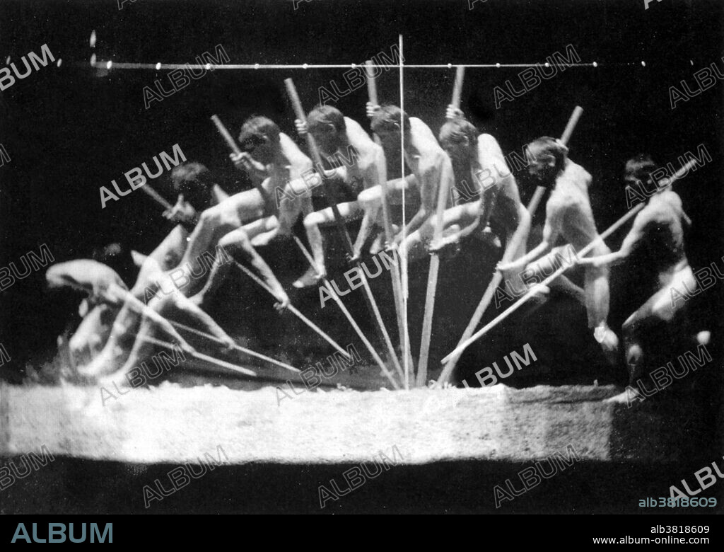 "Pole Vault," 1885, by Thomas Eakins.  Artist and photographer Thomas Eakins (1844-1916) did early experiments in high-speed photography at the University of Pennslyvania. He constructed his own equipment to record motion after learning about Etienne-Jules Marey's ideas.