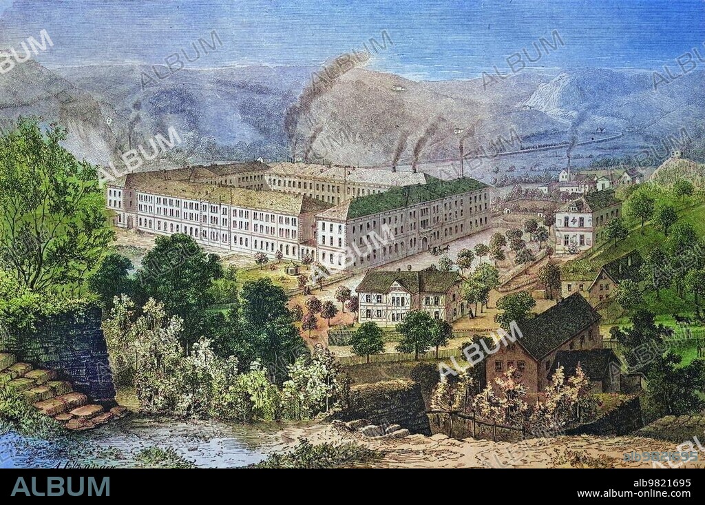 The Porcelain Factory in Meissen; Saxony; Germany; historical woodcut; circa 1870; Historic; digitally restored reproduction from a 19th century original; coloured; exact date unknown; Europe.