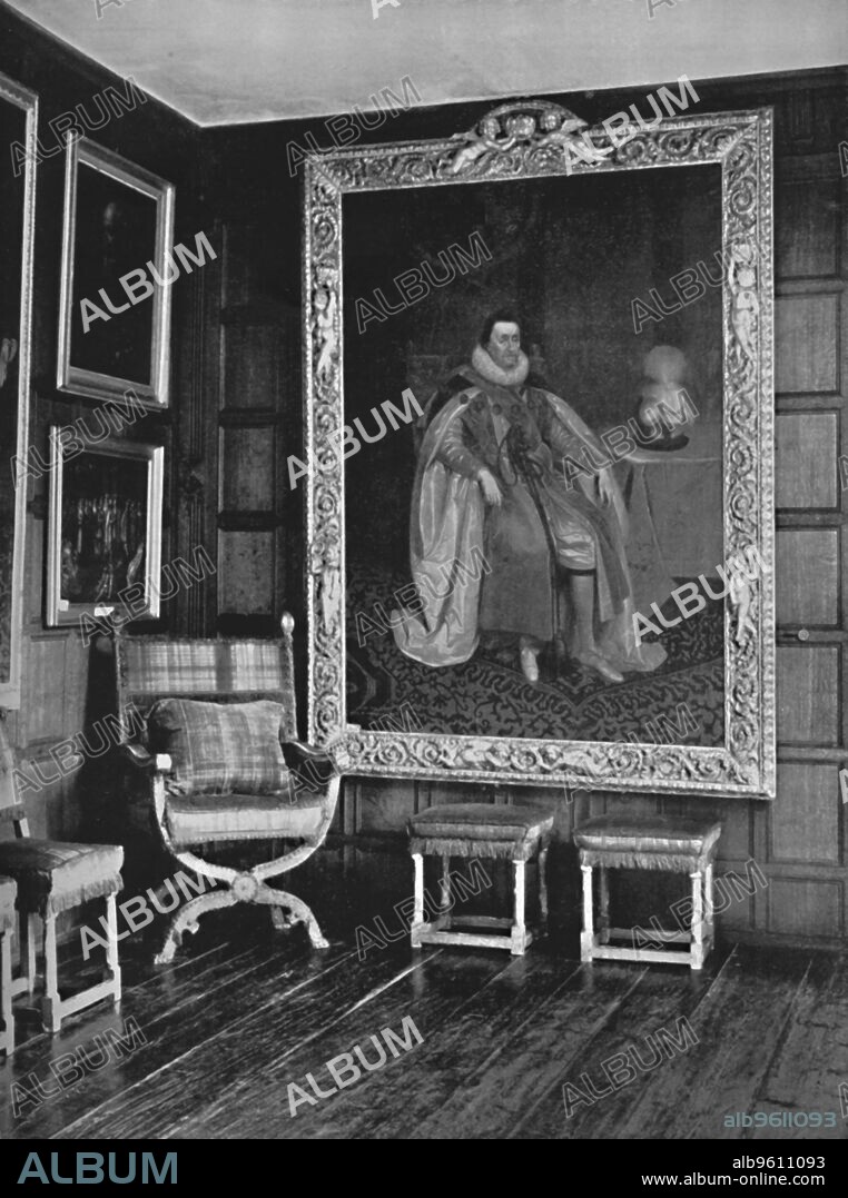 'A Corner of the Leicester Gallery, Knole. With Portrait of James I by Mytens and the Chair in Which He Was Painted', 1928. From Old Furniture, Volume III., edited by Lieut.-Col. E. F. Strange, C.B.E. [Old Furniture Ltd., London, 1928].