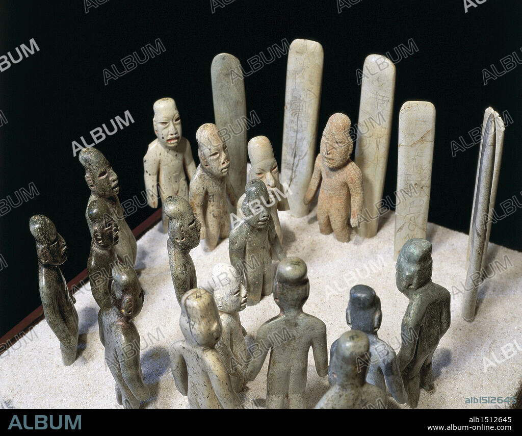 Olmec civilization, Mexico, 9th-4th century b.C. Ceremony of offerings, figures and stele in jade. From La Venta.