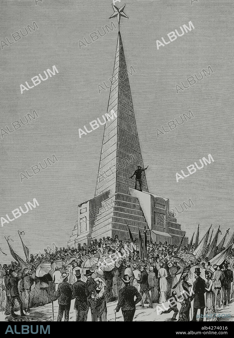 TOMÁS CARLOS CAPUZ (1834-1899). SPANISH ENGRAVER.. Italy, Sicily Island, Palermo. 6th centenary of Sicilian Vespers of 1282. Obelisk commemorating the Garibaldi entrance in Palermo, inaugurated on 4th April 1882, on the occasion of the festivities. It was designed by the Italian architect Giovan Battista Filippo Basile (1825-1891). Engraving by Capuz. La Ilustración Española y Americana, 1882.