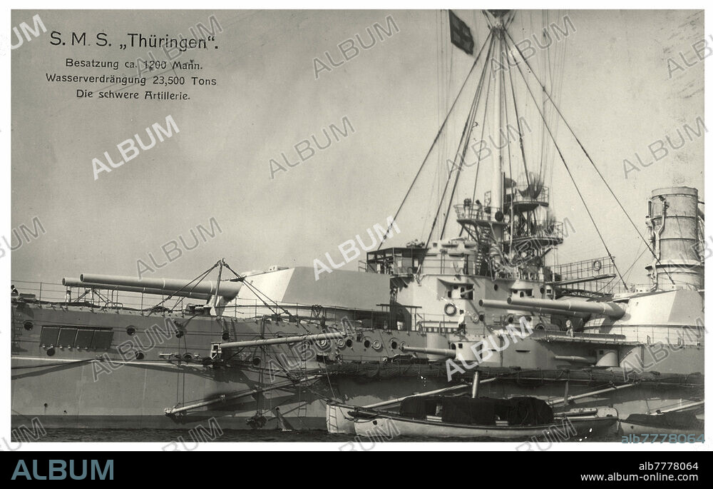 Deutsche Kriegsmarine. "S.M.S. 'Thüringen'. Besatzung ca. Mann. Wasserverdrängung 23,500 Tons. 1911 in Dienst gestellt". Fotopostkarte.