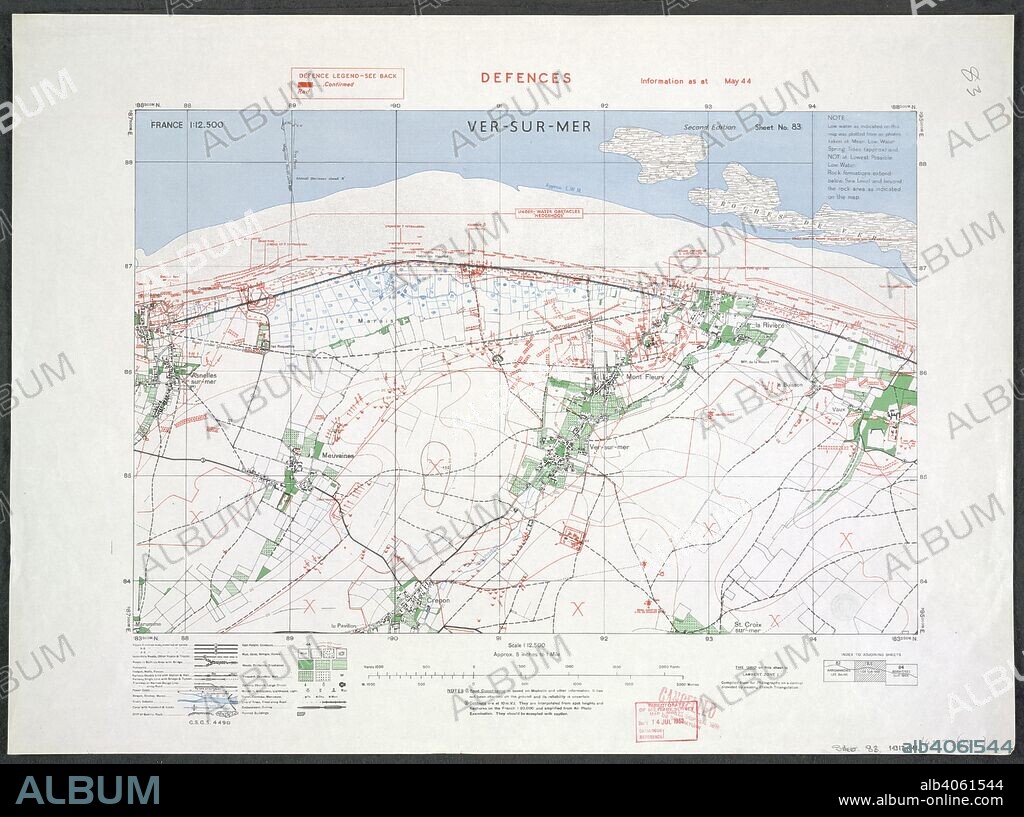 Ver-Sur-mer, on the French coast. 'Gold beach'. A map of the Second World War. On 6 June 1944, D-Day, the British 50th Infantry division landed at Ver-sur-Mer, in the 'Gold beach' sector. France 12,500 Defences Information as at May 1944. [London] : War Office, 1944. Shows the Normandy invasion coast. Defence information overprinted in blue on GSGS 4490. Source: Maps 14317.(241) 83.