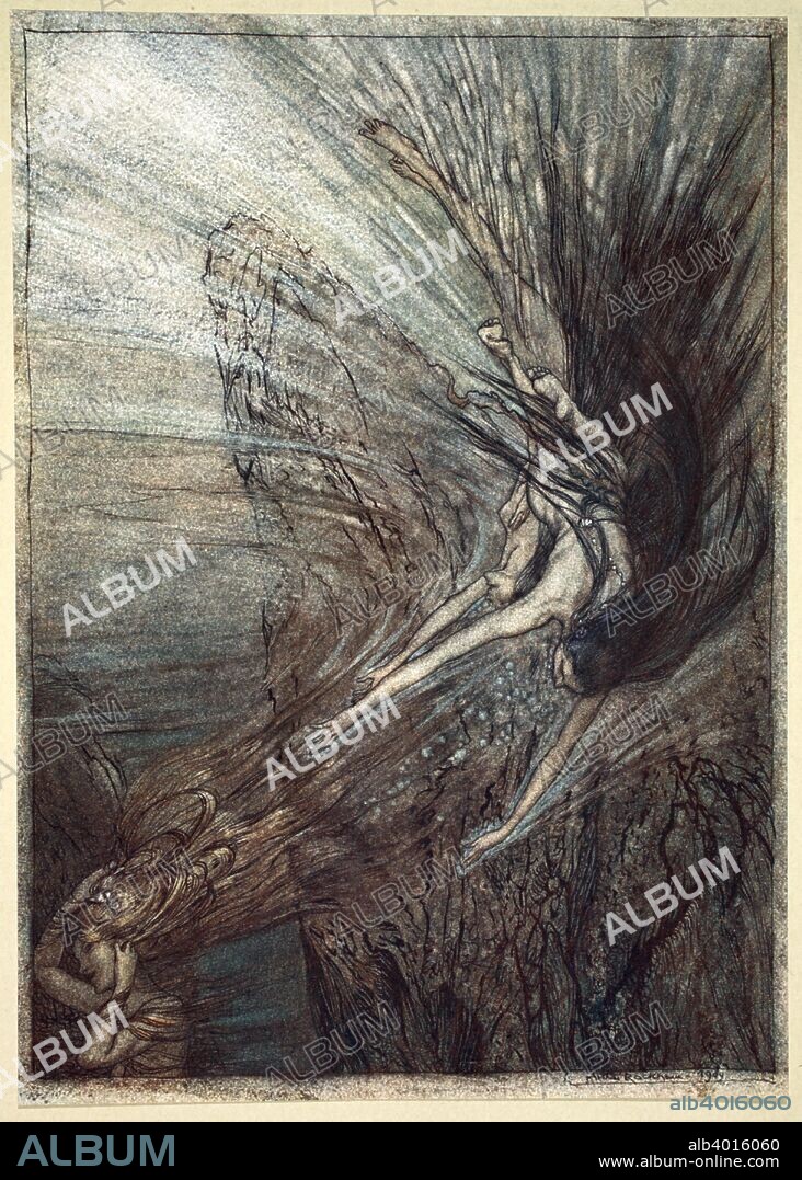 'The frolic of the Rhine-Maidens', 1910. Illustration from The Rhinegold and the Valkyrie. The three River goddesses who keep the treasure; Woglinde, Wellgunde and Flosshilde play in the Rhine. From Das Rheingold. From a private collection.