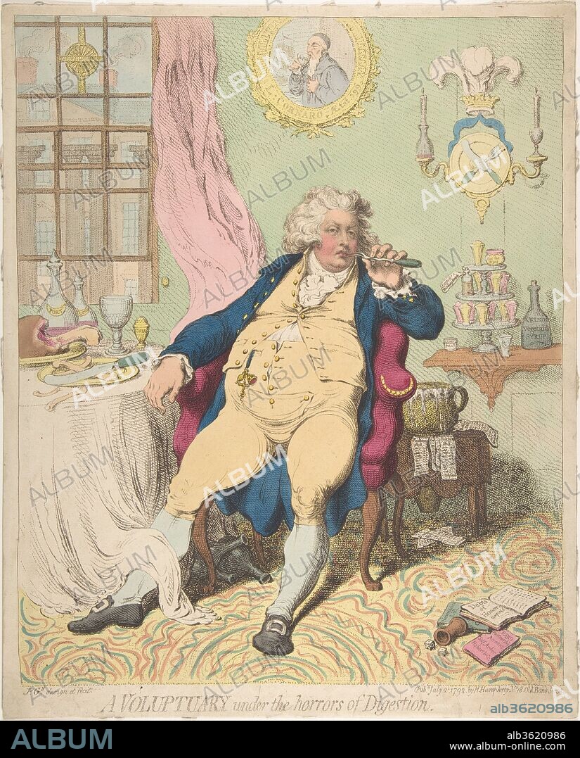 A Voluptuary Under the Horrors of Digestion. Artist: James Gillray (British, Chelsea 1756-1815 London). Dimensions: sheet: 14 3/8 x 11 9/16 in. (36.5 x 29.3 cm). Publisher: Hannah Humphrey (London). Date: July 2, 1792.
Gillray's famously brutal caricature of George, Prince of Wales encapsulates the effects of uncontrolled self-indulgence upon the heir to the British throne. Sprawled in his chair after a lavish meal, the prince picks his teeth with a meat fork; his lack of gentility is underscored by the over-flowing chamber pot at his elbow used to anchor unpaid bills. Just thirty years old, his accumulated ailments can be inferred from remedies piled at right - pills and potions to treat "stinking breath", "piles" (hemorrhoids), venereal disease and poor digestion. A portrait on the wall suggests a more effective remedy - depicting Luigi Carnarro, a Venetian nobleman whose life was famously saved by going on a strict diet. By including "Voluptuary" in the title, Gillray invoked contemporary worries that traditional British masculine virtues were being enervated by a culture obsessed with luxury.