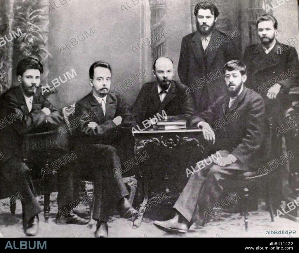 A group of revolutionairies including Lenin (centre) and Martov (on his right). 1895. Vladimir Ilyich Ulyanov (22 April 1870 - 21 January 1924), better known as Vladimir Lenin, was a Russian revolutionary, politician, and political theorist. He served as the first and founding head of government of Soviet Russia from 1917 to 1924 and of the Soviet Union from 1922 to 1924. Under his administration, Russia, and later the Soviet Union, became a one-party socialist state governed by the Communist Party. Ideologically a Marxist, his developments to the ideology are called Leninism. Julius Martov or L. Martov (born Yuliy Osipovich Tsederbaum; 24 November 1873 - 4 April 1923) was a politician and revolutionary who became the leader of the Mensheviks in early 20th-century Russia.