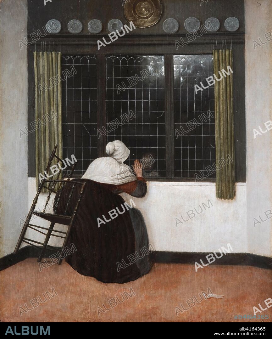JACOBUS VREL. Woman at the window making a sign to a little girl. Second half of 17th century. Oil on panel. 45,7 x 39x2 cm.