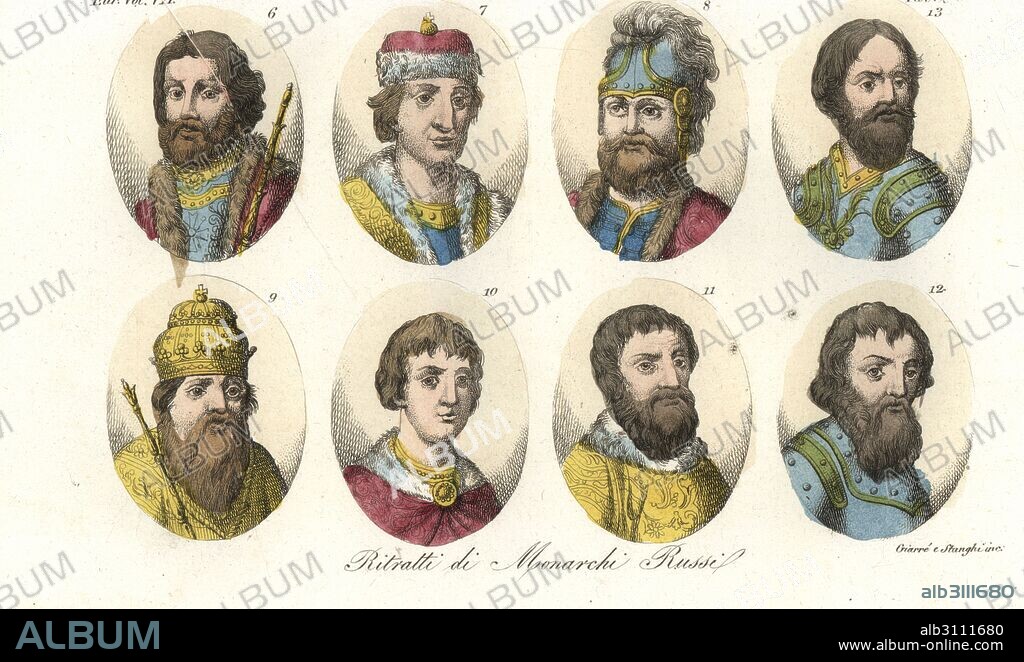 Portraits of medieval Russian rulers: Yaroslav the Wise 6, Sviatoslav I 7, Sviatopolk I 8, Vladimir II Monomakh 9, Yuri I 10, Ivan II the Fair 11, Dmitri Donskoi 12 and Ivan III Vasilyevich 13. Handcoloured copperplate engraving by Giarre and Stanghi from Giulio Ferrario's Costumes Ancient and Modern of the Peoples of the World, Florence, 1847.