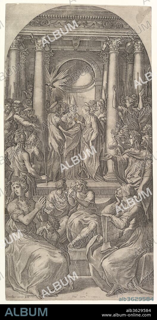 The Marriage of the Virgin. Artist: After Parmigianino (Girolamo Francesco Maria Mazzola) (Italian, Parma 1503-1540 Casalmaggiore); Giovanni Jacopo Caraglio (Italian, Parma or Verona ca. 1500/1505-1565 Krakow (?)). Dimensions: Sheet: 17 15/16 × 9 1/16 in. (45.5 × 23 cm). Date: ca. 1525.
Early in his career Caraglio seems to have met Parmigianino, an artist who was extremely interested in printmaking himself. The Marriage of the Virgin reproduces a highly finished drawing by Parmigianino that is now in the collection of Chatsworth House in Bakewell, England. Caraglio has followed the model with a staggering level of accuracy. When compared to his earlier engraving of The Virgin and Child with Saint Anne, Flanked by Saint Roch and Saint Sebastian, we see clearly the ways in which Caraglio altered his style of engraving to capture the dynamic character of Parmigianino's draftsmanship.