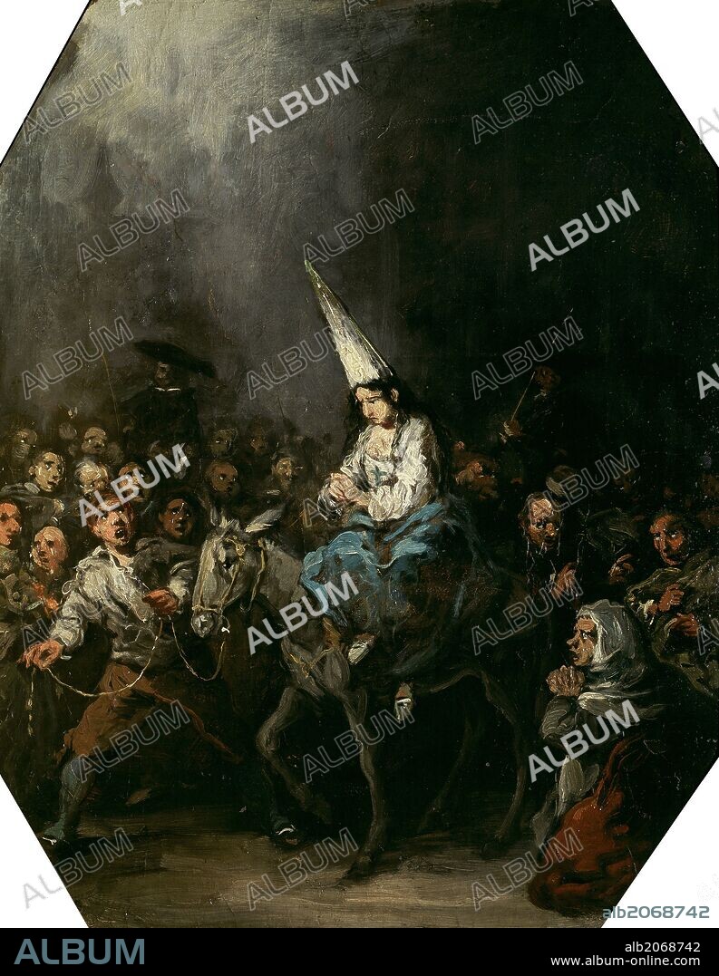 EUGENIO LUCAS VELAZQUEZ. Eugenio Lucas Velázquez / 'Condenada por la Inquisición', Hacia 1860, Escuela Española, Óleo sobre Lienzo, 51 cm x 41 cm, P04438.