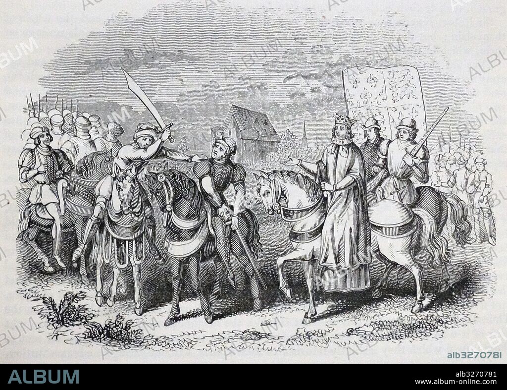 Engraving depicting the death of Wat Tyler (1341-1381) a leader of the 1381 Peasants' Revolt in England. Dated 14th Century.