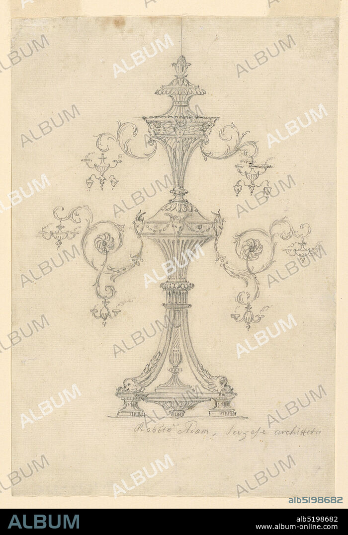 Candelabra, Robert Adam, British, 1728 - 1792, Graphite on paper, Elevation of an elaborate two tiered candelabra. From each tier two curled foliage armatures extend out from either side with miniature chandeliers hanging from them., England, ca. 1755, ornament, Drawing, Drawing.