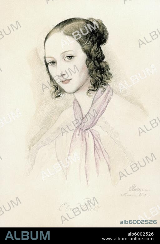 Schumann, Clara, née Wieck, wife of Robert Schumann; German pianist. Leipzig 13.9.1819 - Frankfurt a. M. 20.5.1896. Clara Wieck aged seventeen. Drawing, 1836, by Elwine von Leyser. 23,1 x 18,5 cm. Colour added later.